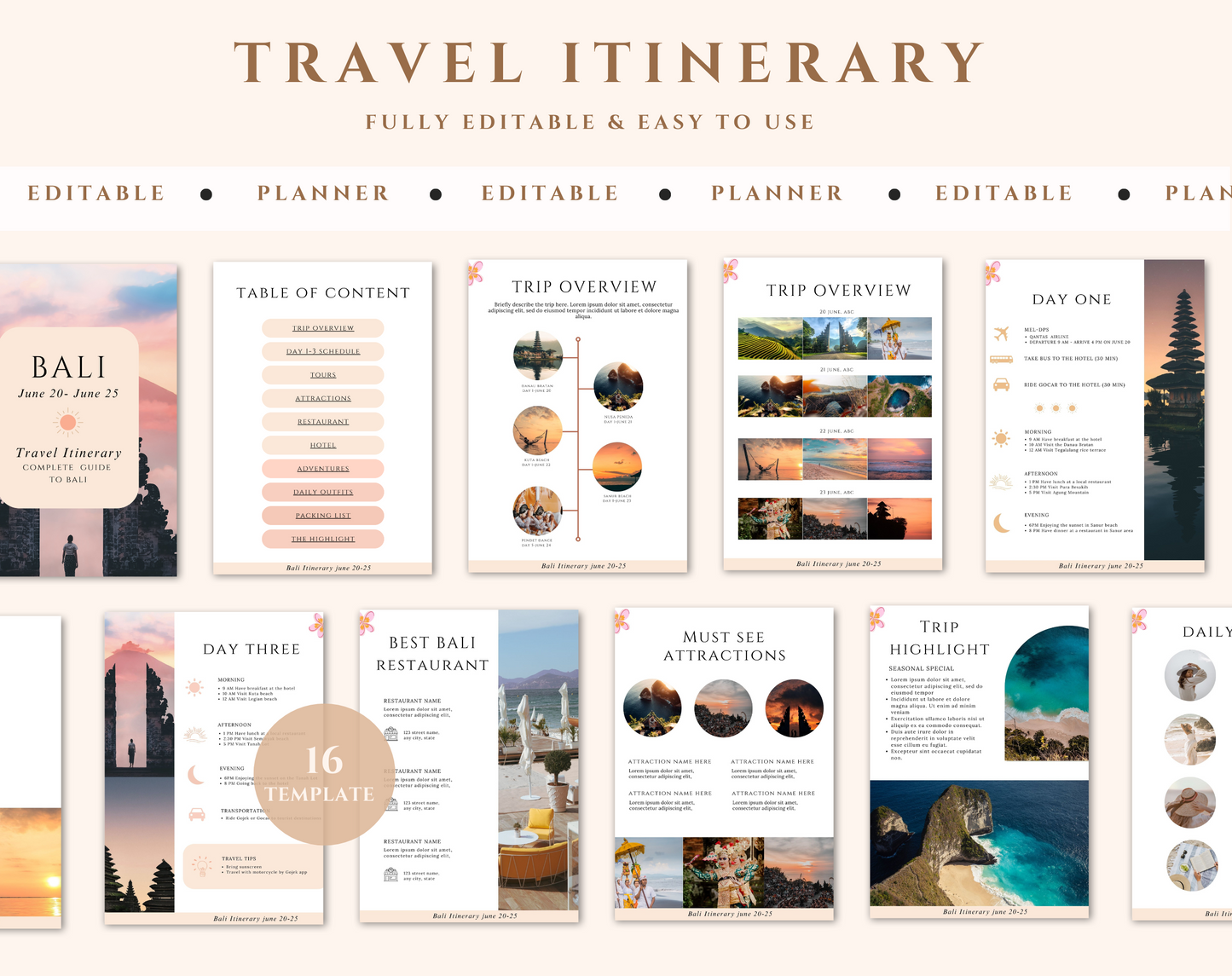 Tropical Travel Itinerary Template | Mobile Printable Travel Planner | Editable Bali Travel Guide | Traveling Guide Editable in Canva