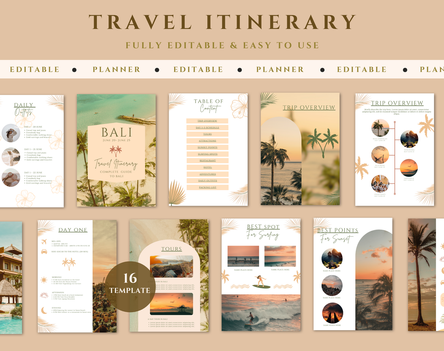 Tropical Travel Itinerary Template | Mobile Printable Travel Planner | Editable Bali Travel Guide | Traveling Guide Editable in Canva