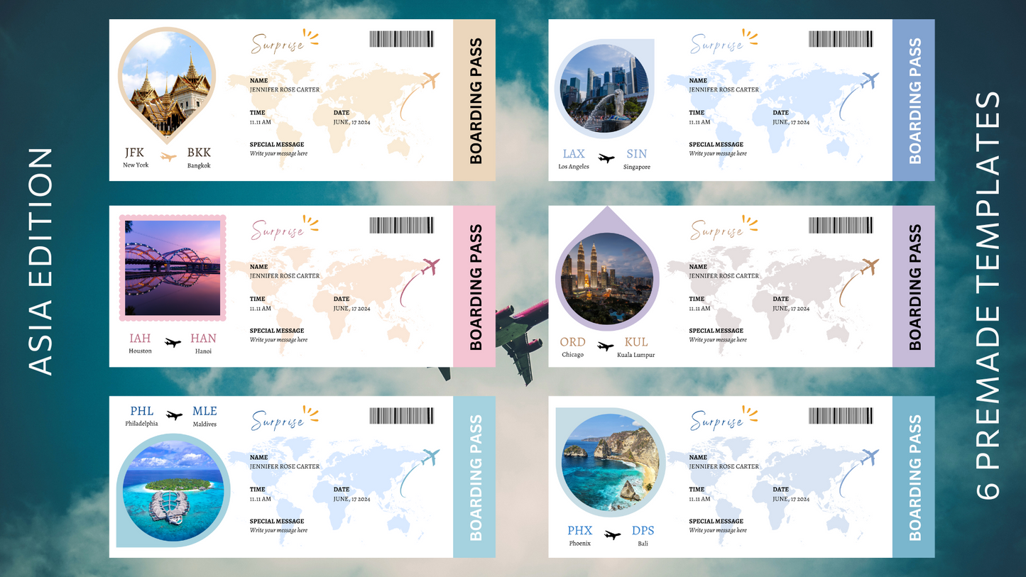 airline ticket, airline ticket canva, boarding pass, pass template, canva boarding pass, canva template, custom boarding pass, editable template, gift idea, plane ticket, surprise ticket, template, travel ticket print