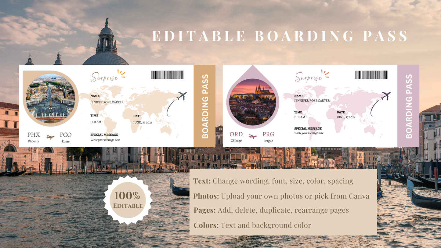 airline ticket, airline ticket canva, boarding pass, pass template, canva boarding pass, canva template, custom boarding pass, editable template, gift idea, plane ticket, surprise ticket, template, travel ticket print