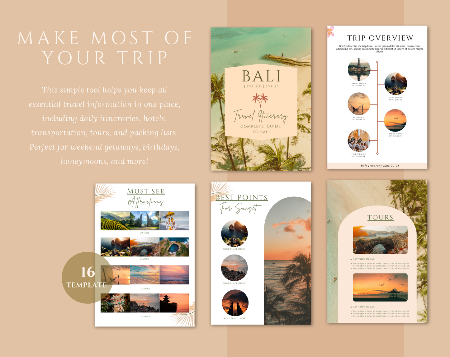 Tropical Travel Itinerary Template | Mobile Printable Travel Planner | Editable Bali Travel Guide | Traveling Guide Editable in Canva